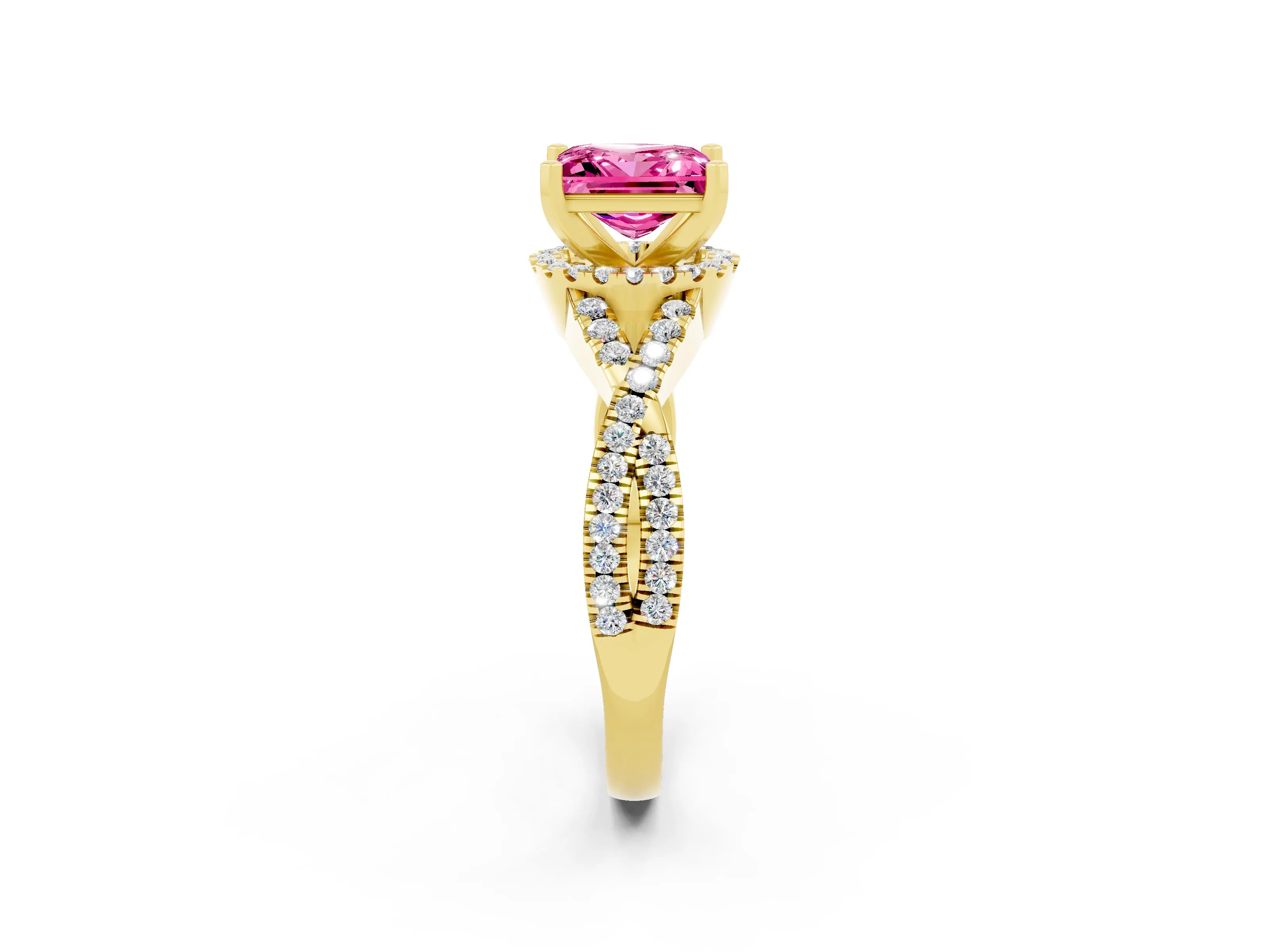 Yellow gold Princess Cut Pink Sapphire Halo Twist Band Solitaire Prong Setting Ring_26