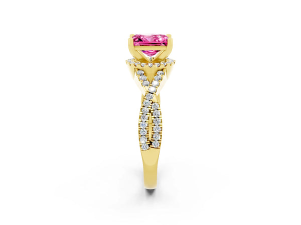 Yellow gold Princess Cut Pink Sapphire  Halo Twist Band Solitaire Prong Setting Ring