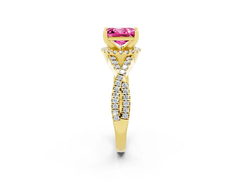 Yellow gold Princess Cut Pink Sapphire Halo Twist Band Solitaire Prong Setting Ring_26