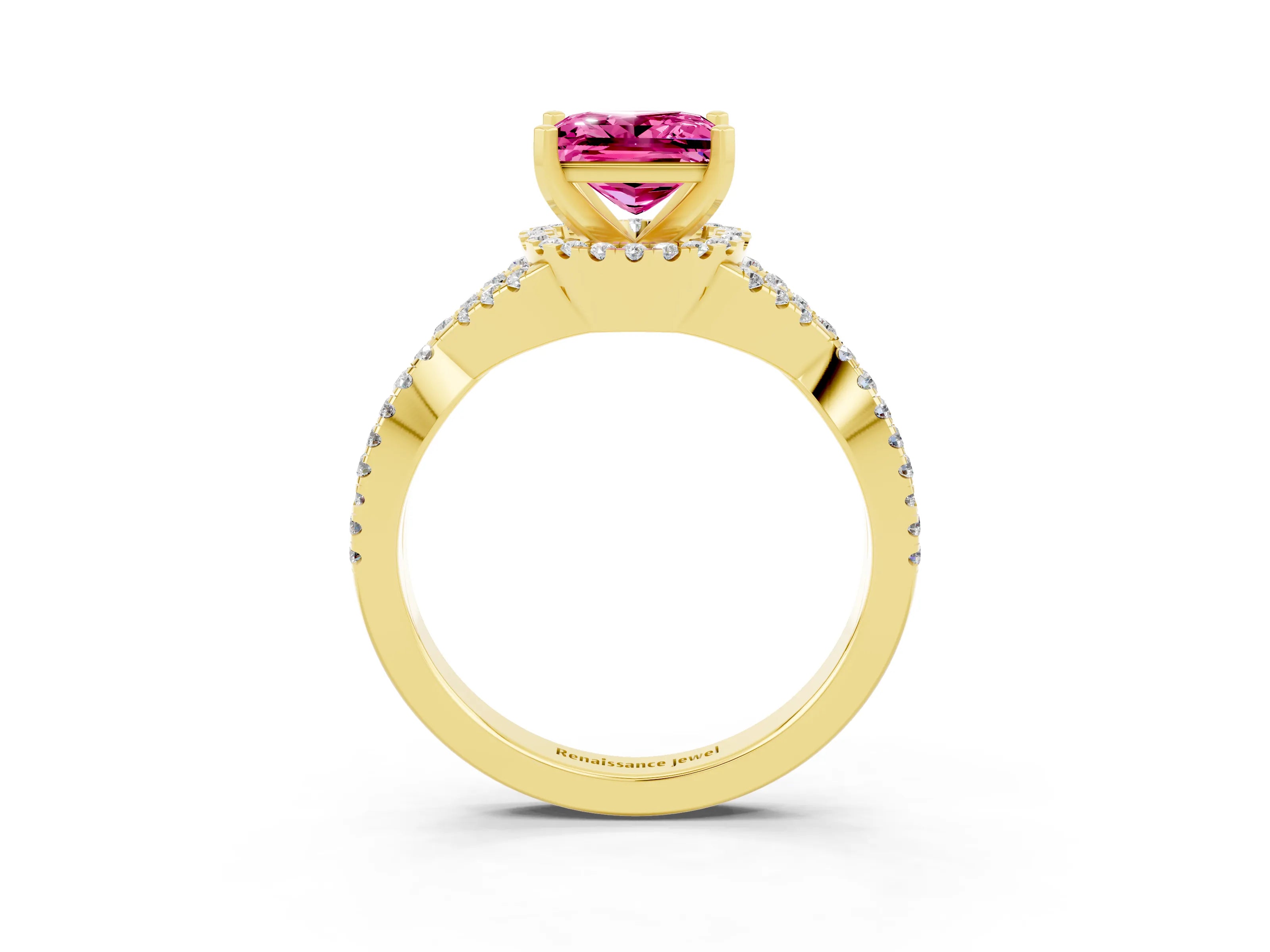 Yellow gold Princess Cut Pink Sapphire Halo Twist Band Solitaire Prong Setting Ring_27