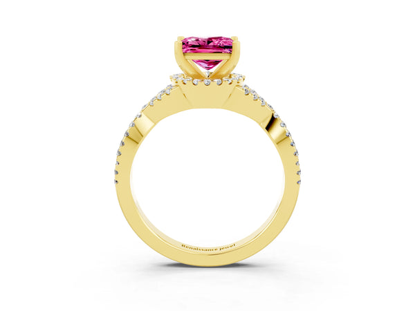 Yellow gold Princess Cut Pink Sapphire  Halo Twist Band Solitaire Prong Setting Ring
