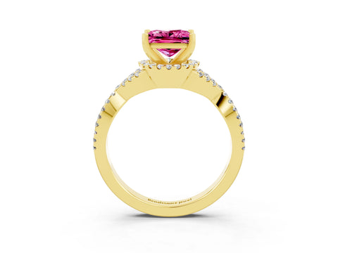 Yellow gold Princess Cut Pink Sapphire Halo Twist Band Solitaire Prong Setting Ring_27