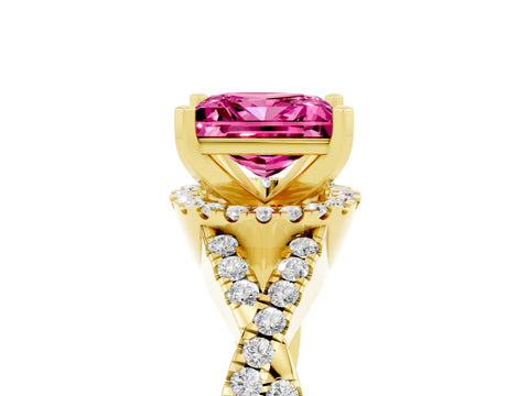 Yellow gold Princess Cut Pink Sapphire Halo Twist Band Solitaire Prong Setting Ring_29