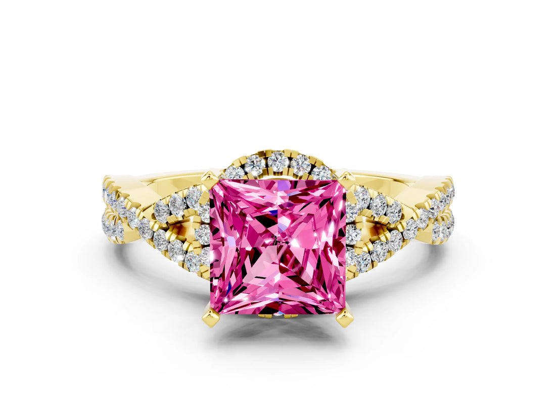 Yellow gold Princess Cut Pink Sapphire  Halo Twist Band Solitaire Prong Setting Ring_42