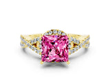 Yellow gold Princess Cut Pink Sapphire  Halo Twist Band Solitaire Prong Setting Ring_42