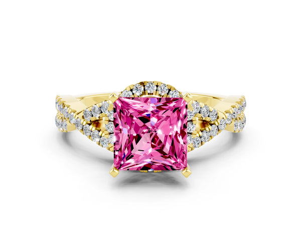 Yellow gold Princess Cut Pink Sapphire  Halo Twist Band Solitaire Prong Setting Ring