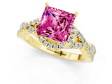 Yellow gold Princess Cut Pink Sapphire  Halo Twist Band Solitaire Prong Setting Ring_43