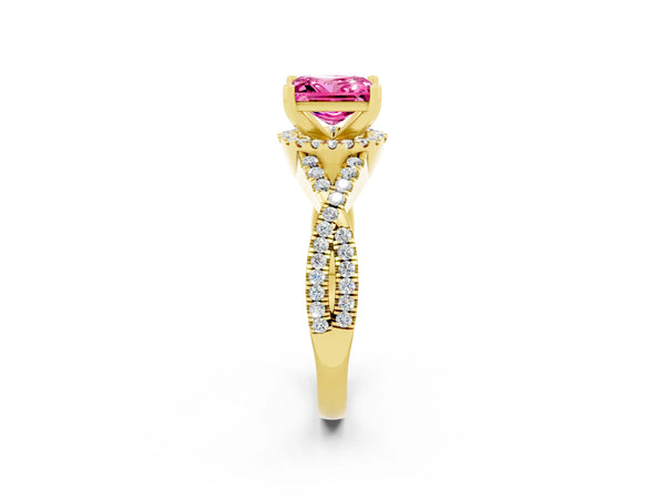 Yellow gold Princess Cut Pink Sapphire  Halo Twist Band Solitaire Prong Setting Ring