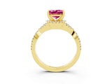 Yellow gold Princess Cut Pink Sapphire  Halo Twist Band Solitaire Prong Setting Ring_45