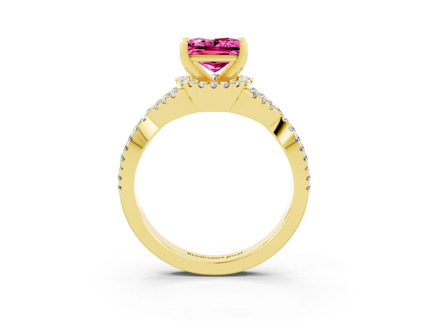 Yellow gold Princess Cut Pink Sapphire  Halo Twist Band Solitaire Prong Setting Ring