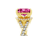 Yellow gold Princess Cut Pink Sapphire  Halo Twist Band Solitaire Prong Setting Ring_47