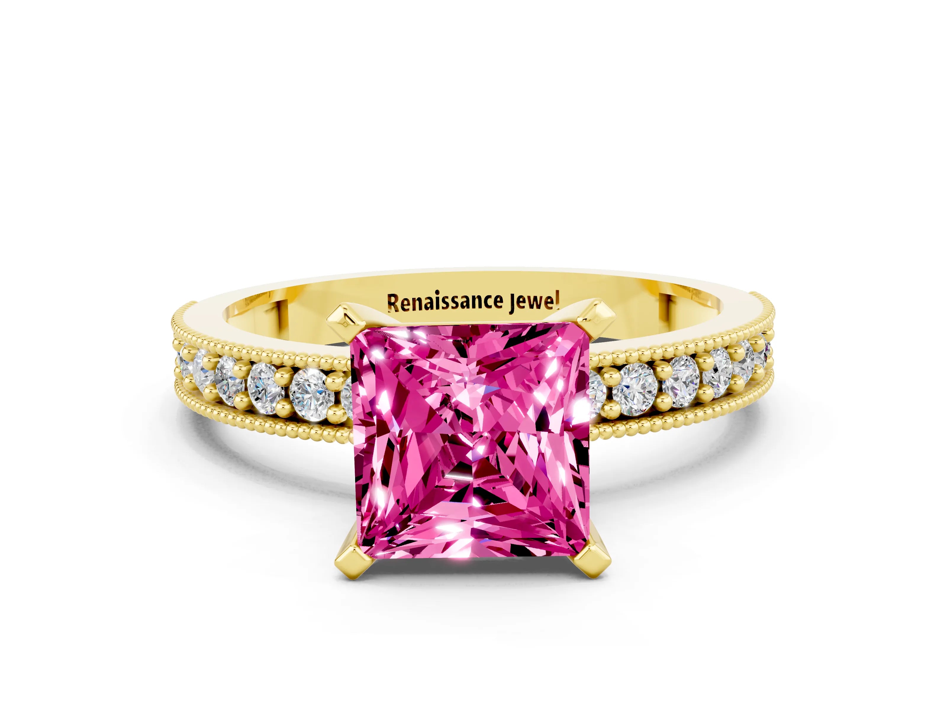 Yellow gold Princess Cut Pink Sapphire Milgrain Pavé Engagement Ring with Four-Prong Setting_36
