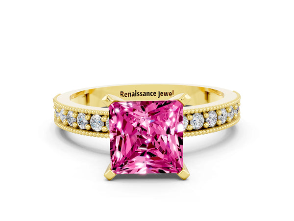 Yellow gold Princess Cut Pink Sapphire Milgrain Pavé Engagement Ring with Four-Prong Setting