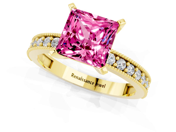 Yellow gold Princess Cut Pink Sapphire Milgrain Pavé Engagement Ring with Four-Prong Setting