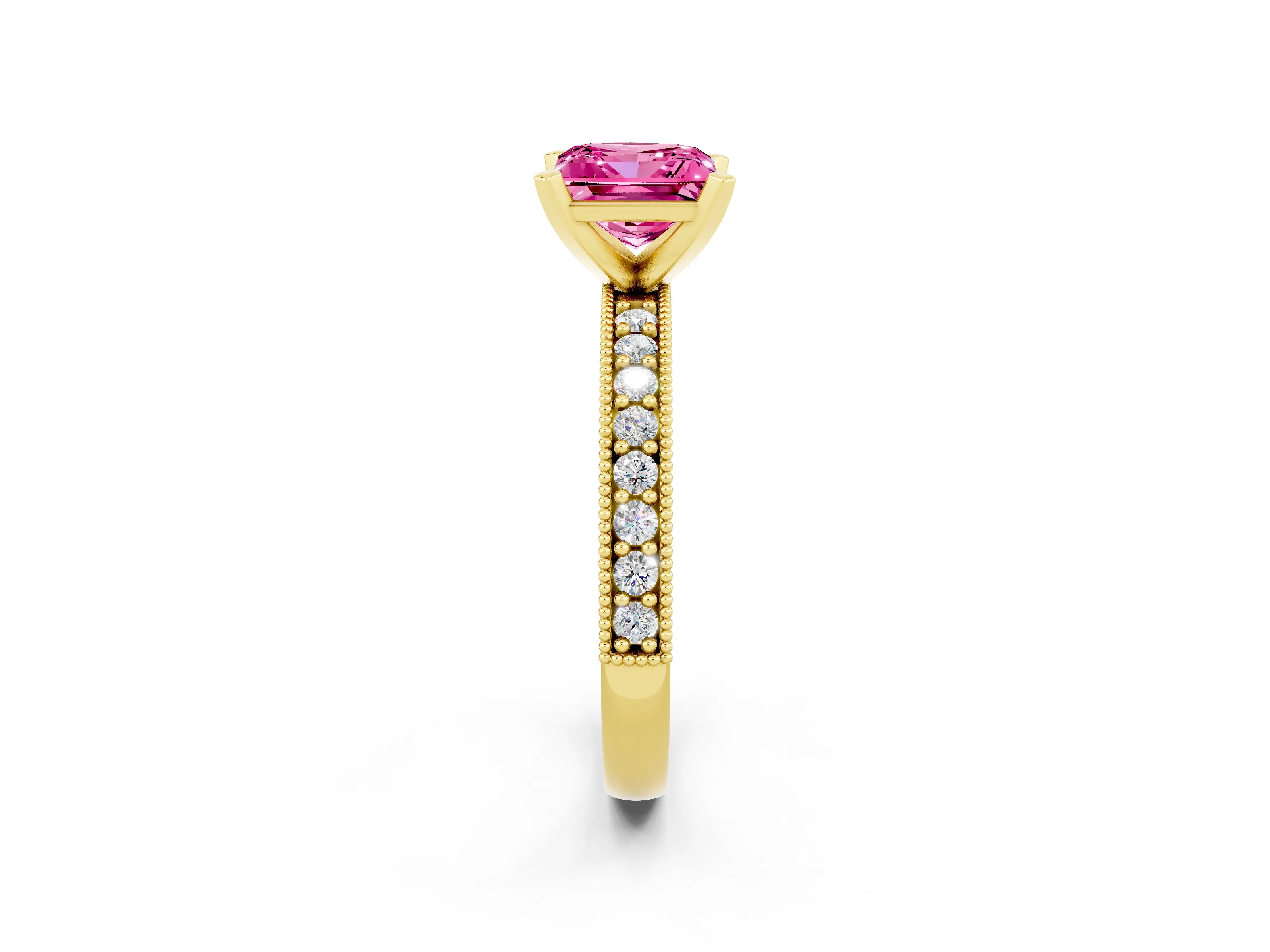 Yellow gold Princess Cut Pink Sapphire Milgrain Pavé Engagement Ring with Four-Prong Setting_38