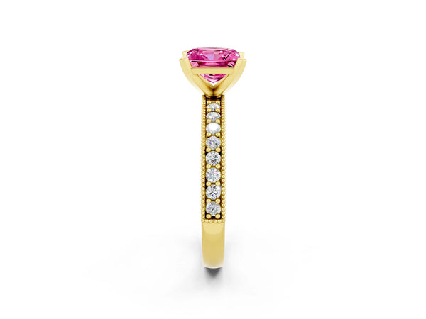 Yellow gold Princess Cut Pink Sapphire Milgrain Pavé Engagement Ring with Four-Prong Setting