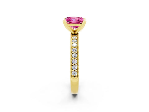Yellow gold Princess Cut Pink Sapphire Milgrain Pavé Engagement Ring with Four-Prong Setting_38