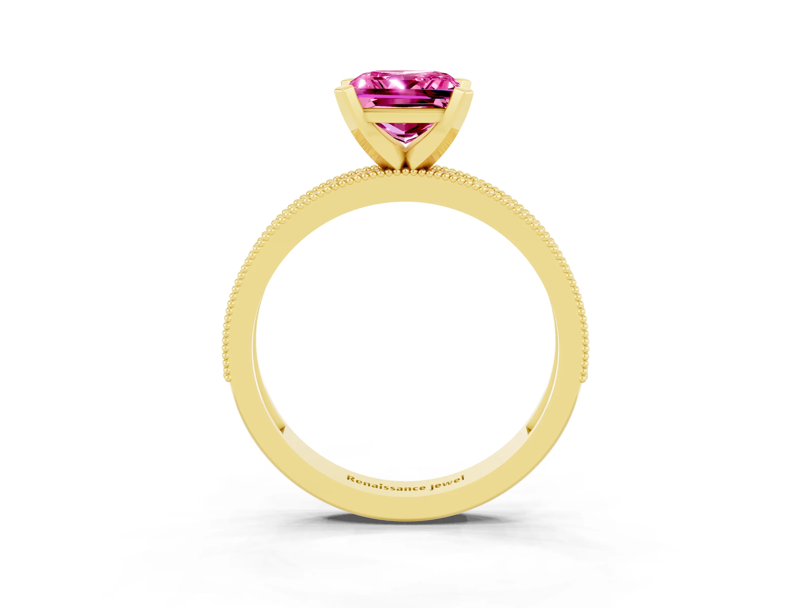 Yellow gold Princess Cut Pink Sapphire Milgrain Pavé Engagement Ring with Four-Prong Setting_39