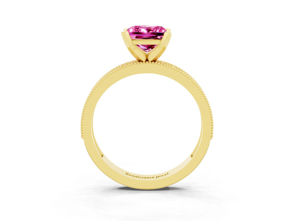 Yellow gold Princess Cut Pink Sapphire Milgrain Pavé Engagement Ring with Four-Prong Setting