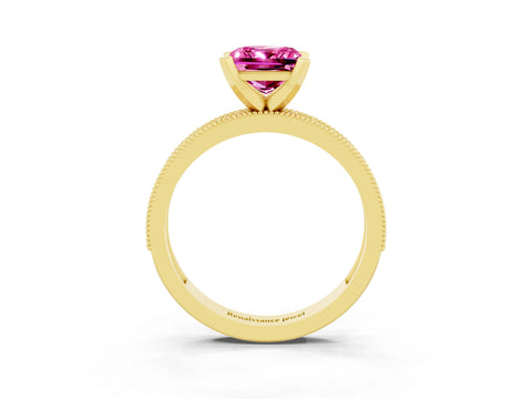 Yellow gold Princess Cut Pink Sapphire Milgrain Pavé Engagement Ring with Four-Prong Setting_39
