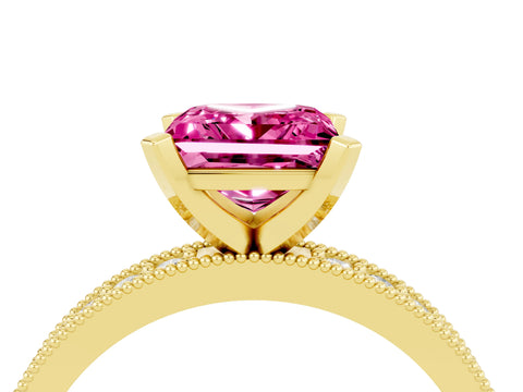 Yellow gold Princess Cut Pink Sapphire Milgrain Pavé Engagement Ring with Four-Prong Setting_40