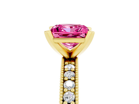 Yellow gold Princess Cut Pink Sapphire Milgrain Pavé Engagement Ring with Four-Prong Setting_41