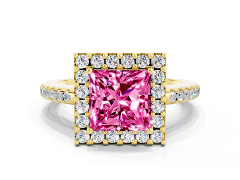 Yellow gold Princess Cut Pink Sapphire Pavé Halo Ring with Four-Prong Setting_12