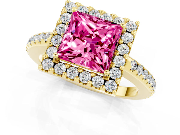 Yellow gold Princess Cut Pink Sapphire Pavé Halo Ring with Four-Prong Setting