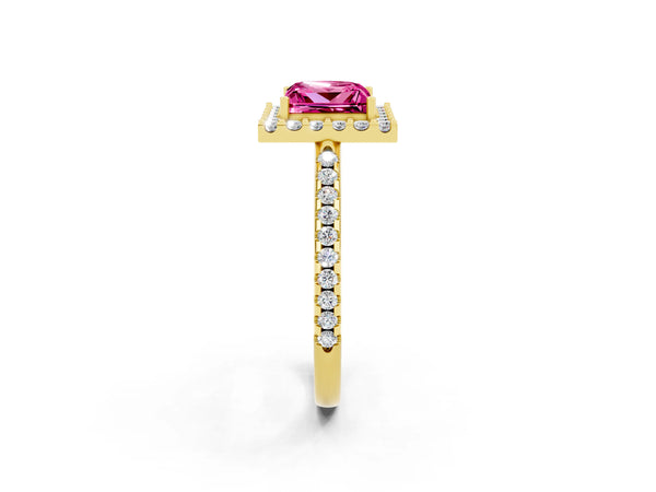 Yellow gold Princess Cut Pink Sapphire Pavé Halo Ring with Four-Prong Setting