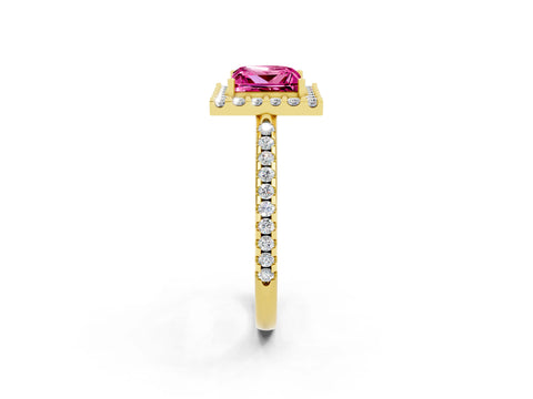 Yellow gold Princess Cut Pink Sapphire Pavé Halo Ring with Four-Prong Setting_14