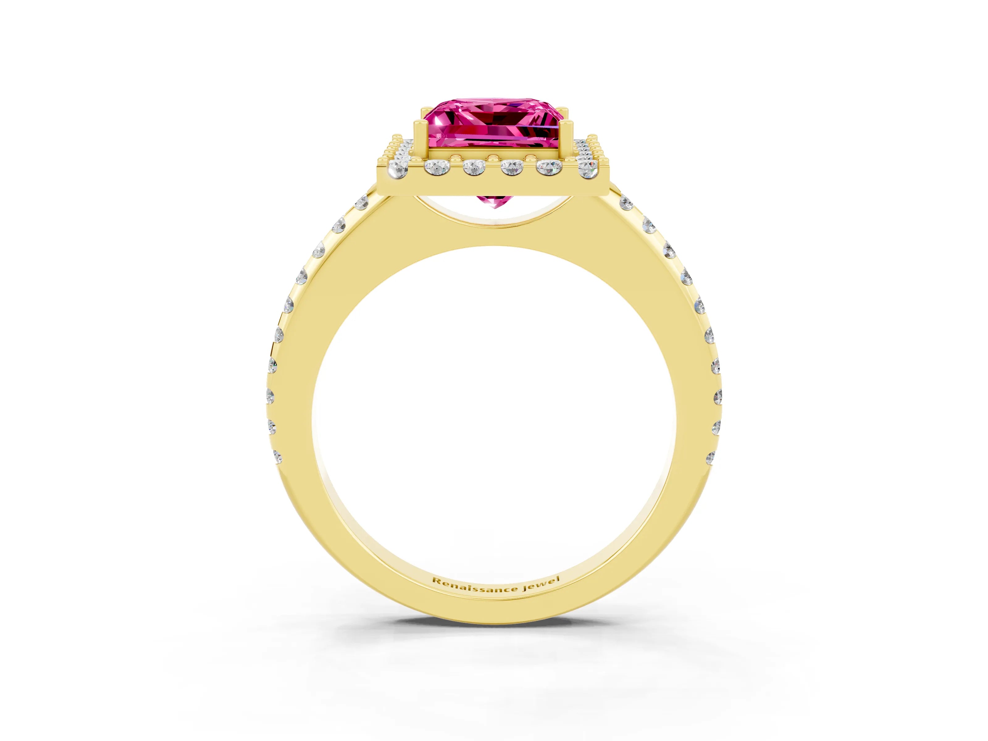 Yellow gold Princess Cut Pink Sapphire Pavé Halo Ring with Four-Prong Setting_15