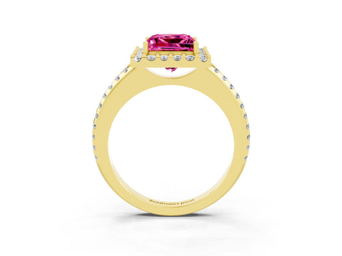 Yellow gold Princess Cut Pink Sapphire Pavé Halo Ring with Four-Prong Setting_15