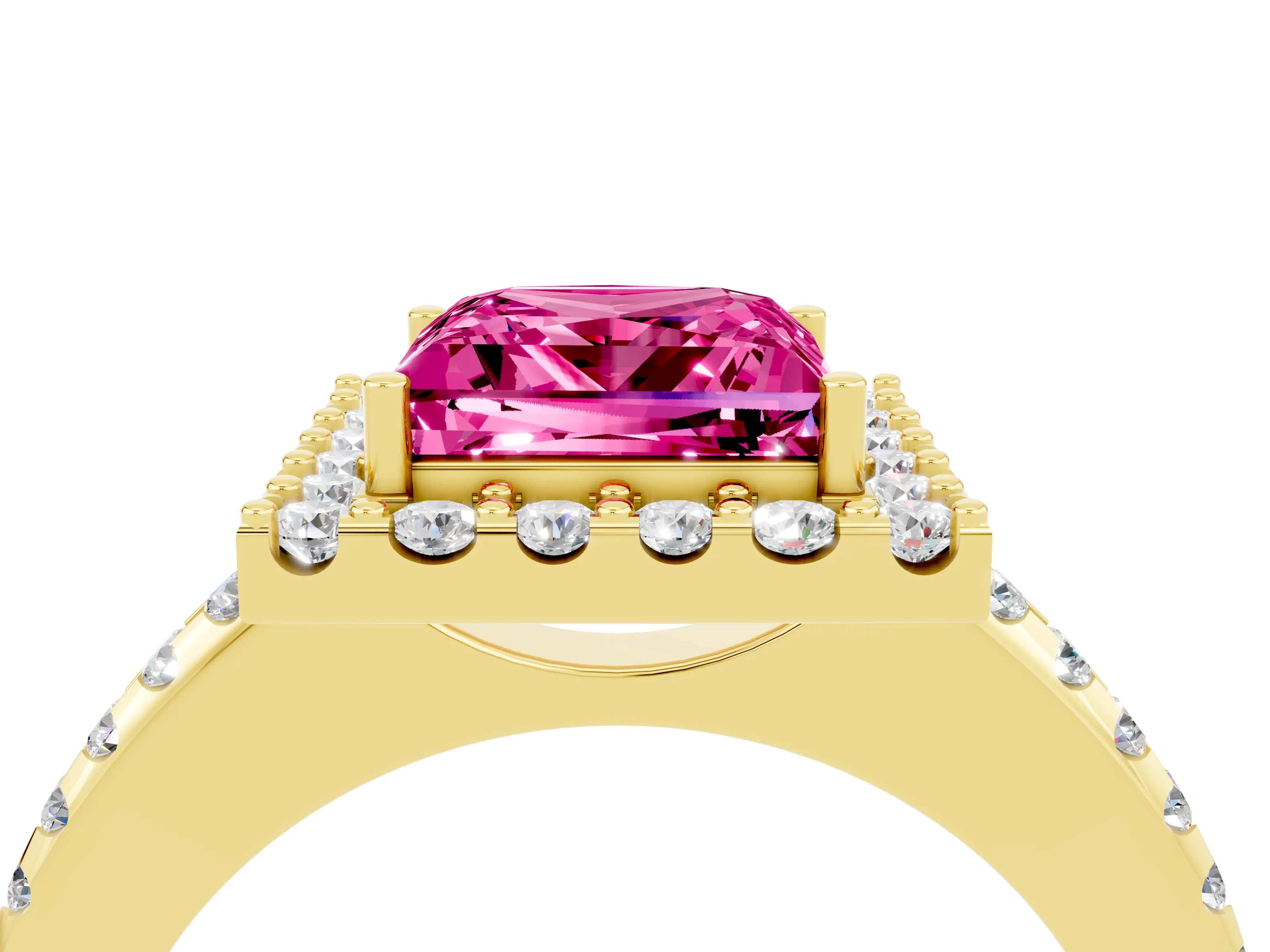 Yellow gold Princess Cut Pink Sapphire Pavé Halo Ring with Four-Prong Setting_16