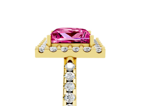 Yellow gold Princess Cut Pink Sapphire Pavé Halo Ring with Four-Prong Setting_17