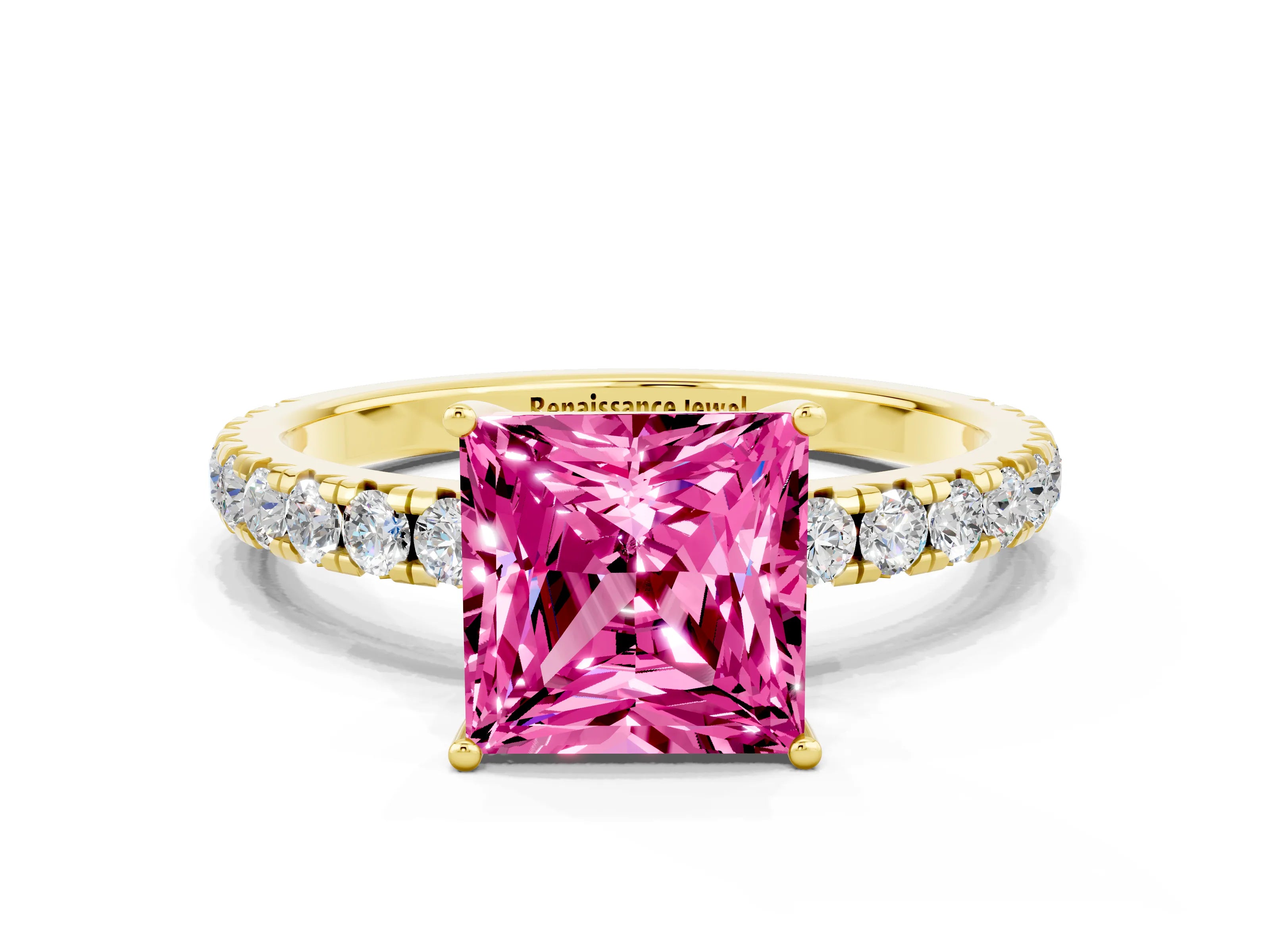 Yellow gold Princess Cut Pink Sapphire Pavé Solitaire Engagement Ring with Four-Prong Setting_12