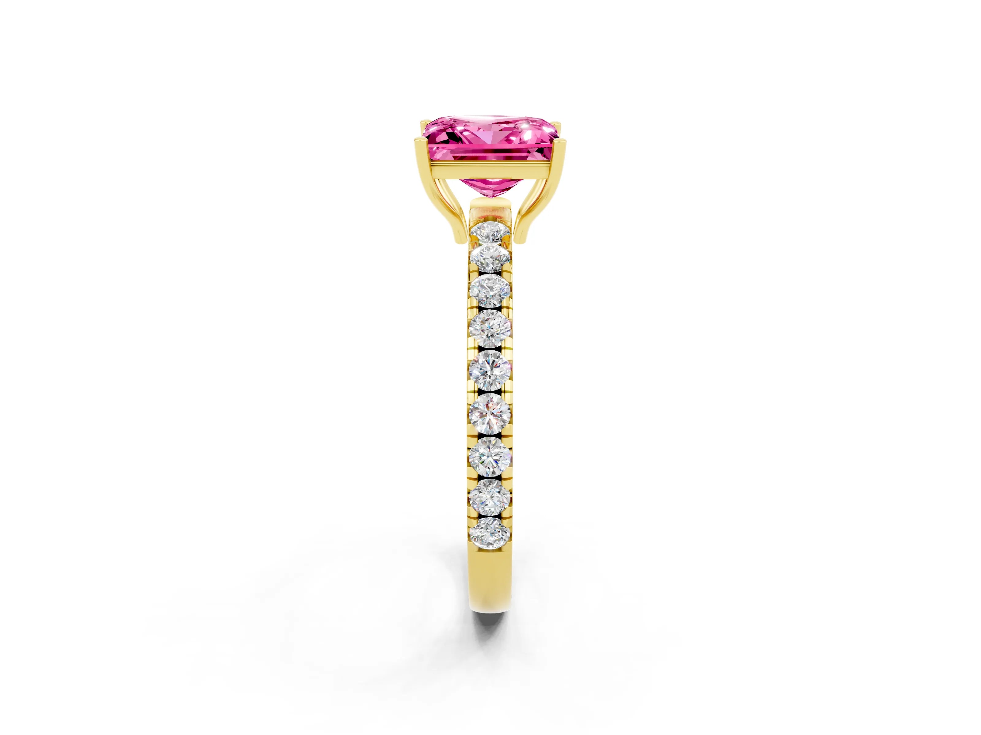 Yellow gold Princess Cut Pink Sapphire Pavé Solitaire Engagement Ring with Four-Prong Setting_14