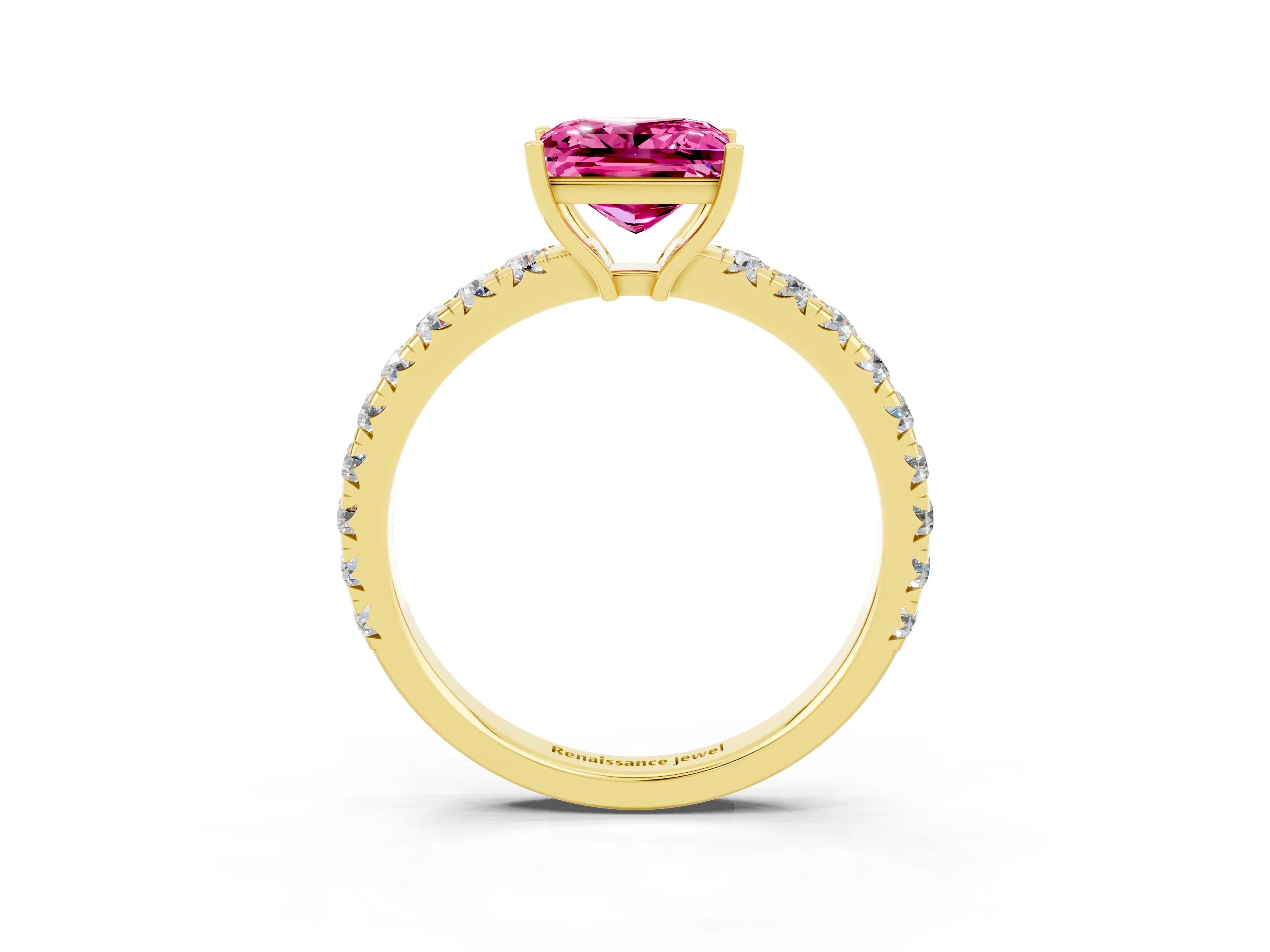 Yellow gold Princess Cut Pink Sapphire Pavé Solitaire Engagement Ring with Four-Prong Setting_15