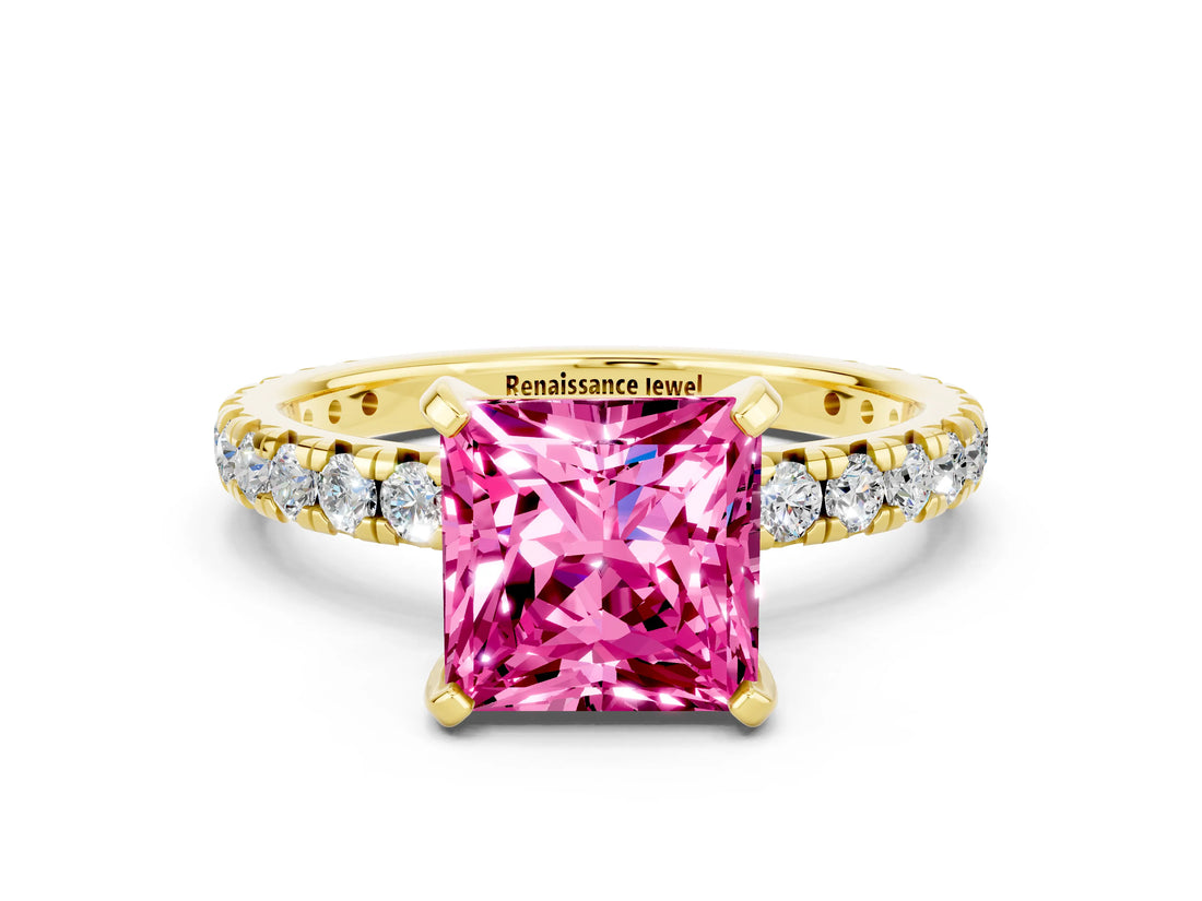 Yellow gold Princess Cut Pink Sapphire Pavé Solitaire Ring with Round Band and Prong Setting_12