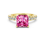 Yellow gold Princess Cut Pink Sapphire Pavé Solitaire Ring with Round Band and Prong Setting_12