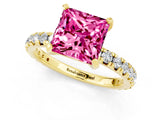 Yellow gold Princess Cut Pink Sapphire Pavé Solitaire Ring with Round Band and Prong Setting_13