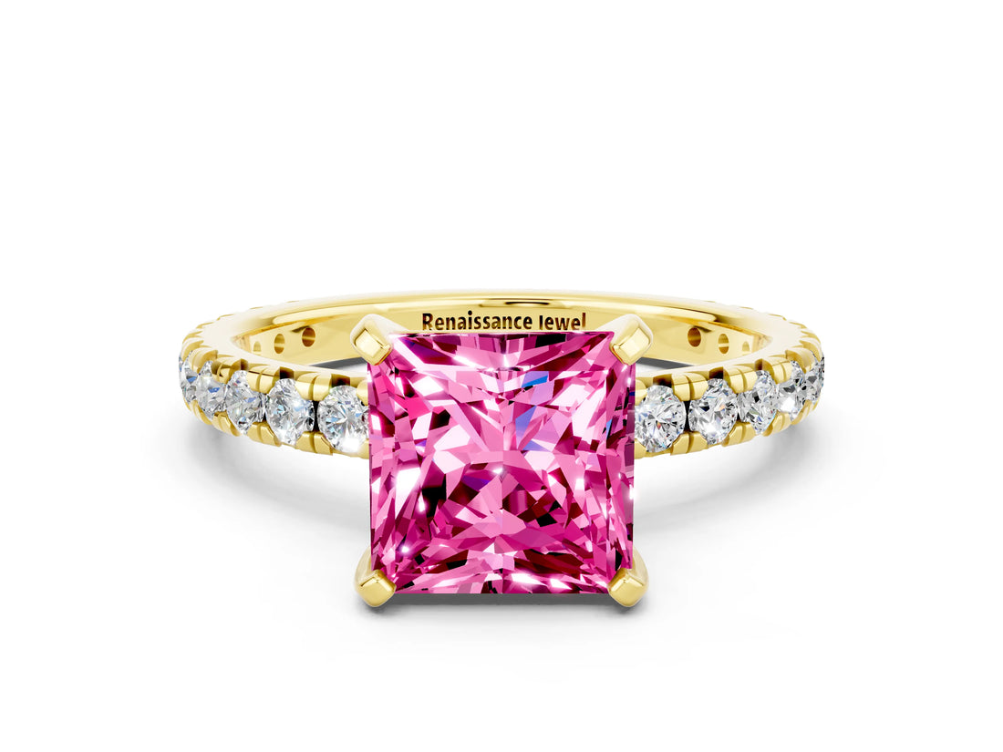 Yellow gold Princess Cut Pink Sapphire Pavé Solitaire Ring with Round Band and Prong Setting_24