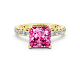 Yellow gold Princess Cut Pink Sapphire Pavé Solitaire Ring with Round Band and Prong Setting_24