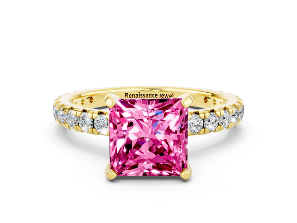 Yellow Gold Princess Cut Lab-Grown Pink Sapphire Solitaire Engagement Ring with Shared Prong Pave Band
