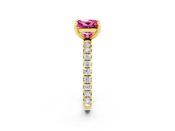 Yellow Gold Princess Cut Lab-Grown Pink Sapphire Solitaire Engagement Ring with Shared Prong Pave Band