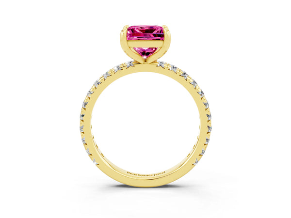 Yellow Gold Princess Cut Lab-Grown Pink Sapphire Solitaire Engagement Ring with Shared Prong Pave Band