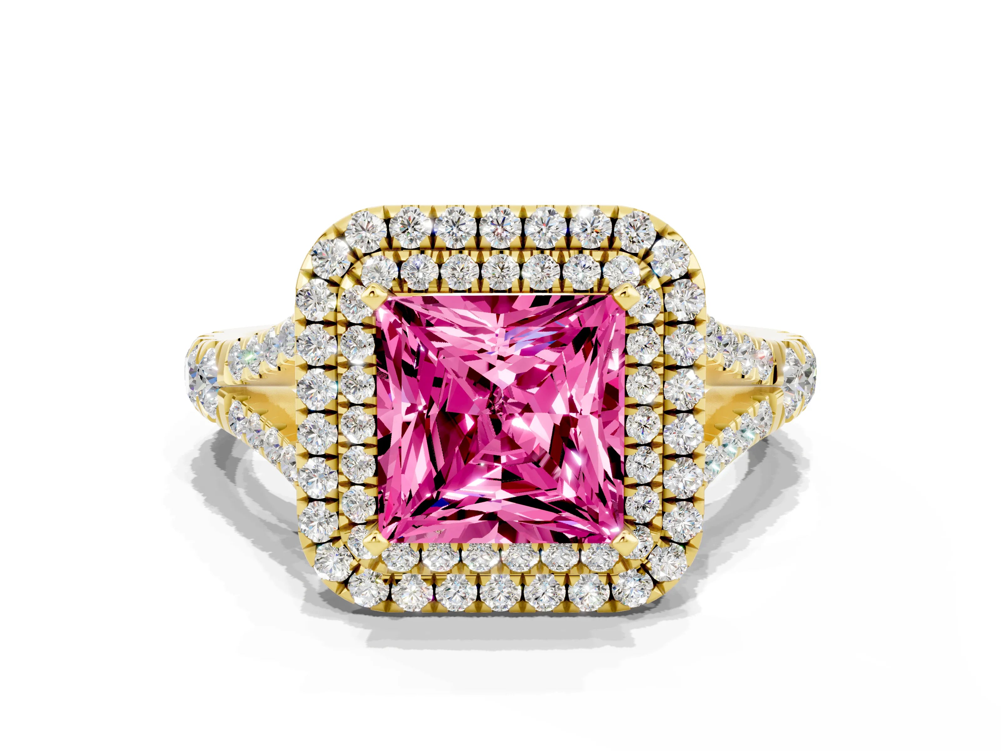 Yellow gold Princess Cut Pink Sapphire Pavé Split Shank Double Halo Engagement Ring