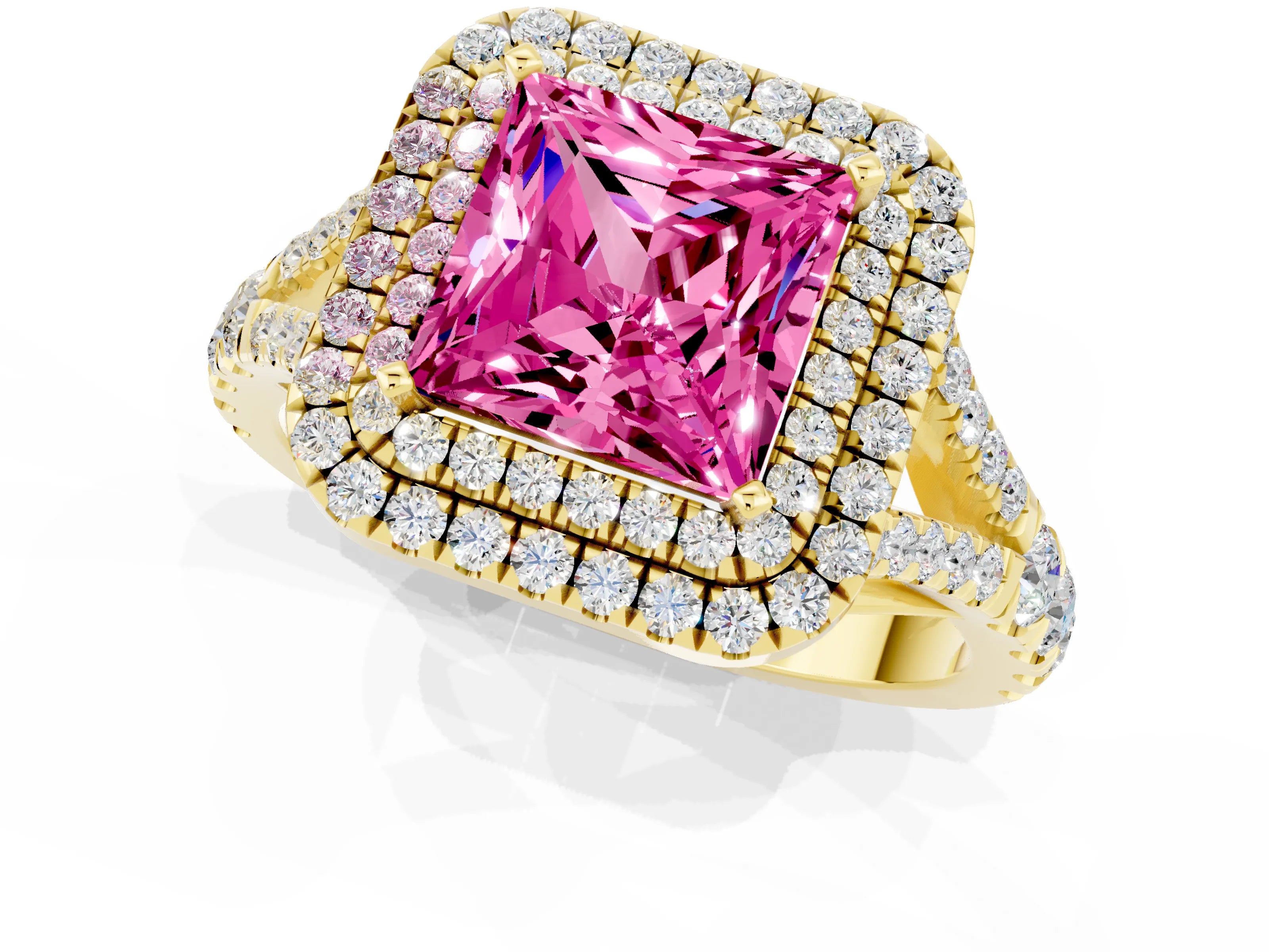 Yellow gold Princess Cut Pink Sapphire Pavé Split Shank Double Halo Engagement Ring_1