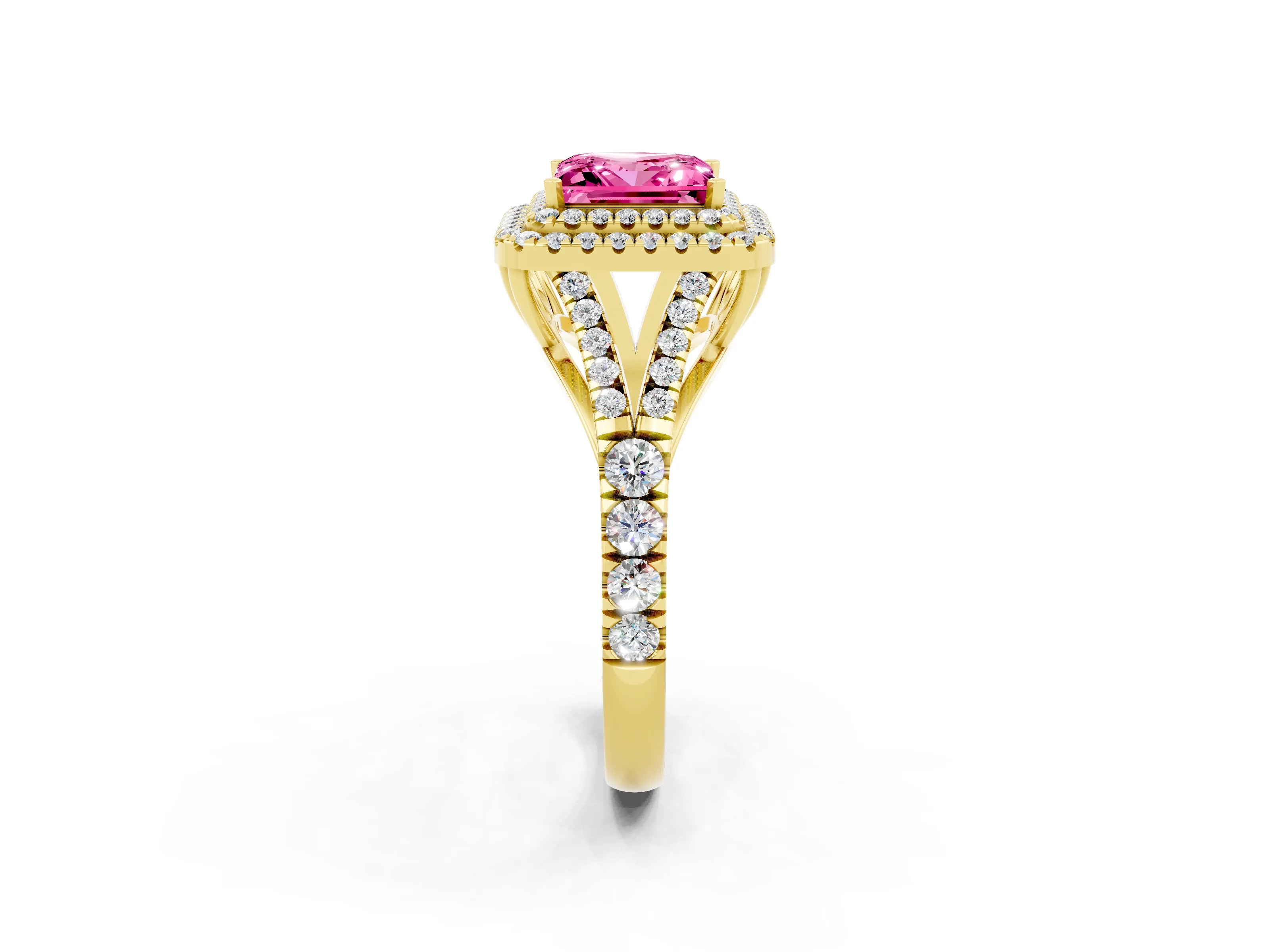 Yellow gold Princess Cut Pink Sapphire Pavé Split Shank Double Halo Engagement Ring_2