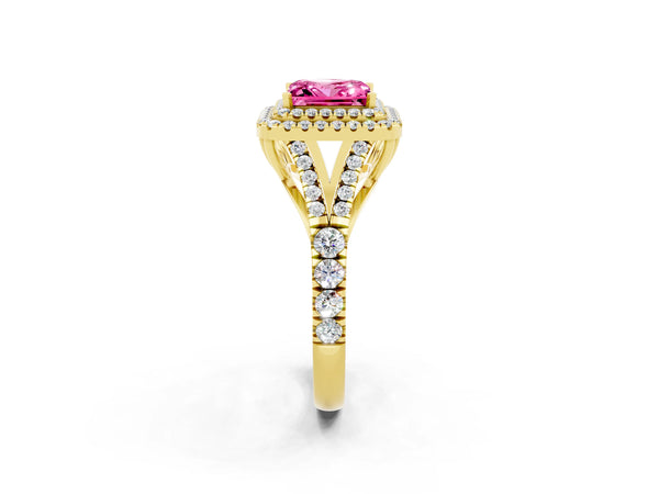 Yellow gold Princess Cut Pink Sapphire Pavé Split Shank Double Halo Engagement Ring