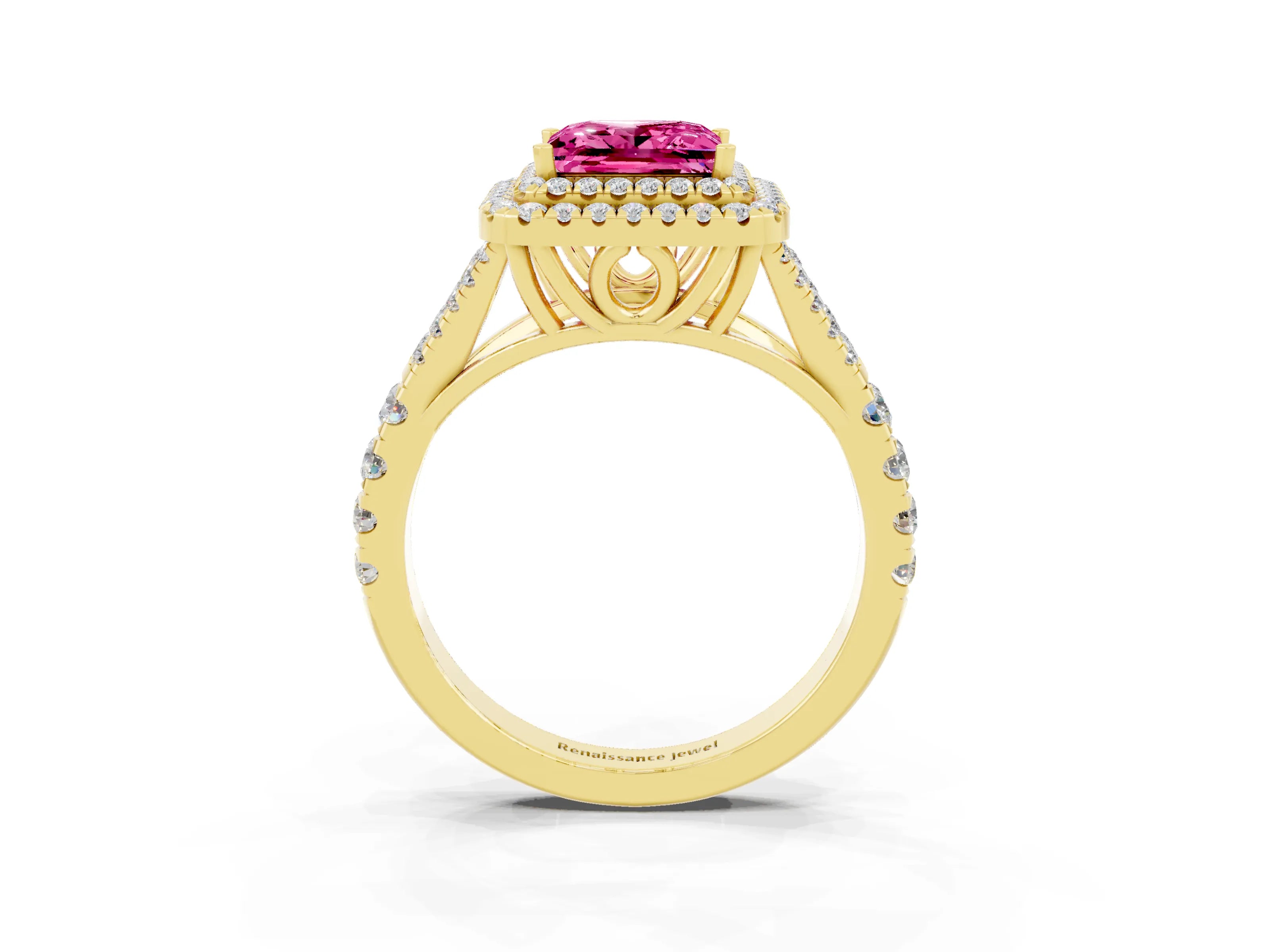 Yellow gold Princess Cut Pink Sapphire Pavé Split Shank Double Halo Engagement Ring_3